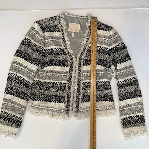 Rebecca Taylor Size 6 Fringe Tweed Jacket Black Gray White Bouclé Blazer cotton - Picture 12 of 13